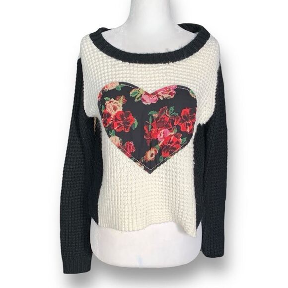 Vintage 90s Sweater Oatmeal Dark Floral Heart Print Neutral Loose Knit Pullover - Picture 7 of 7